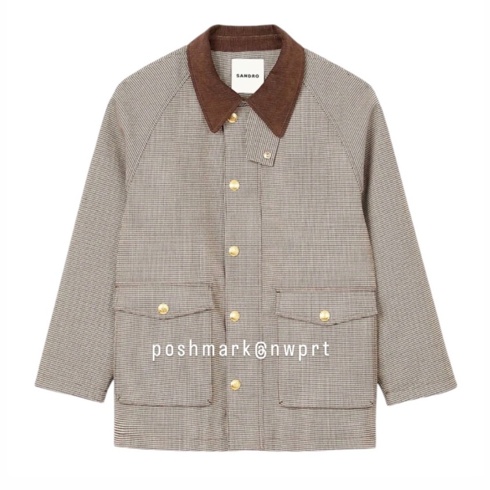 Sandro Bastille Plaid Quilted Barn Coat Field Zip Up Jacket 34 XS 0 Brown - Picture 4 of 16